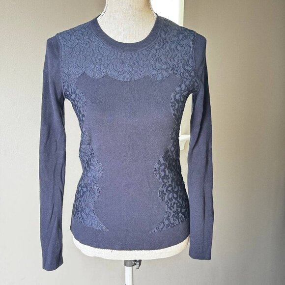 Michal Kors Navy Cotton Blend Lace Trimmed Sweater  - Size Small - Picture 1 of 9